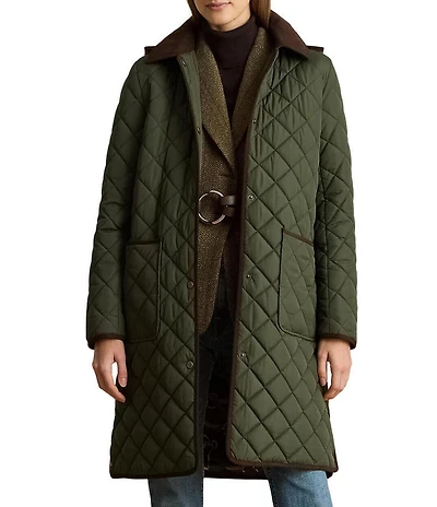 Lauren Ralph Lauren Quilted Hooded Corduroy Collar Snap Front Coat
