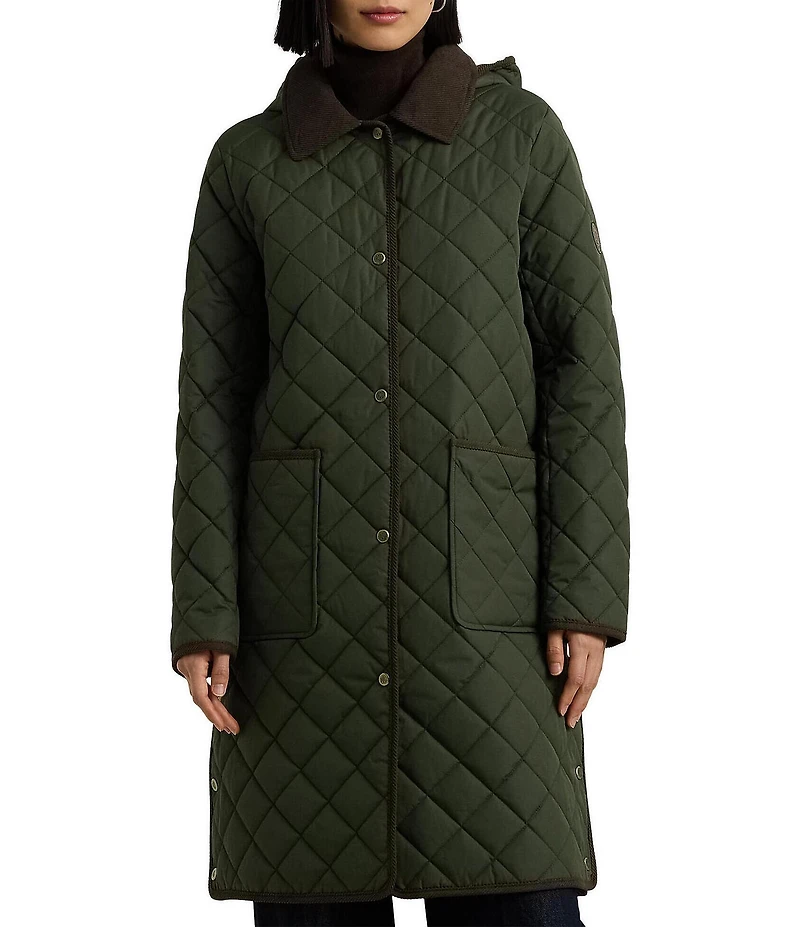 Lauren Ralph Lauren Quilted Hooded Corduroy Collar Snap Front Coat