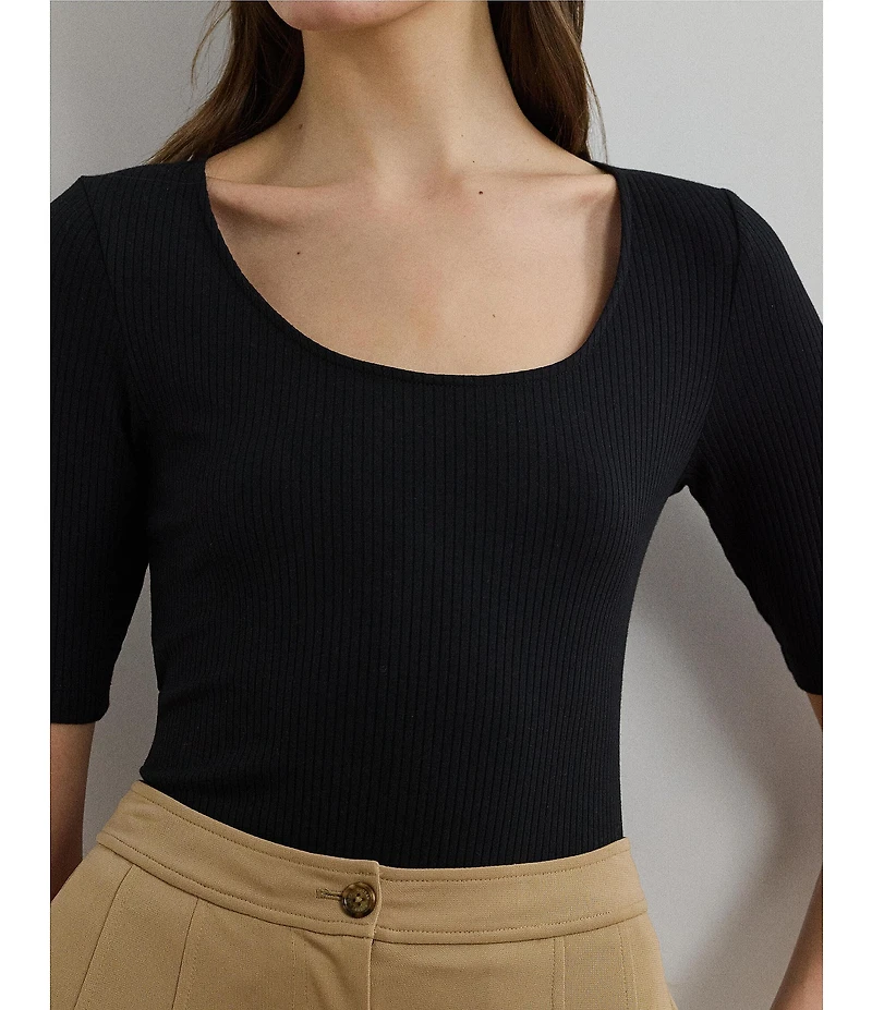 Lauren Ralph Lauren Rib-Knit Cotton Blend Scoop Neck Elbow Sleeve Fitted Tee