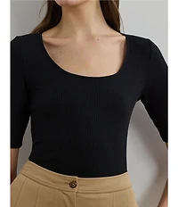 Lauren Ralph Lauren Rib-Knit Cotton Blend Scoop Neck Elbow Sleeve Fitted Tee