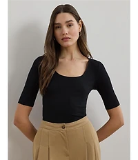 Lauren Ralph Lauren Rib-Knit Cotton Blend Scoop Neck Elbow Sleeve Fitted Tee