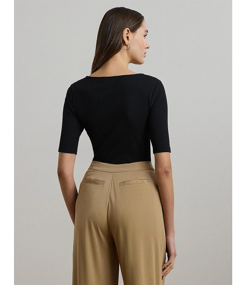 Lauren Ralph Lauren Rib-Knit Cotton Blend Scoop Neck Elbow Sleeve Fitted Tee