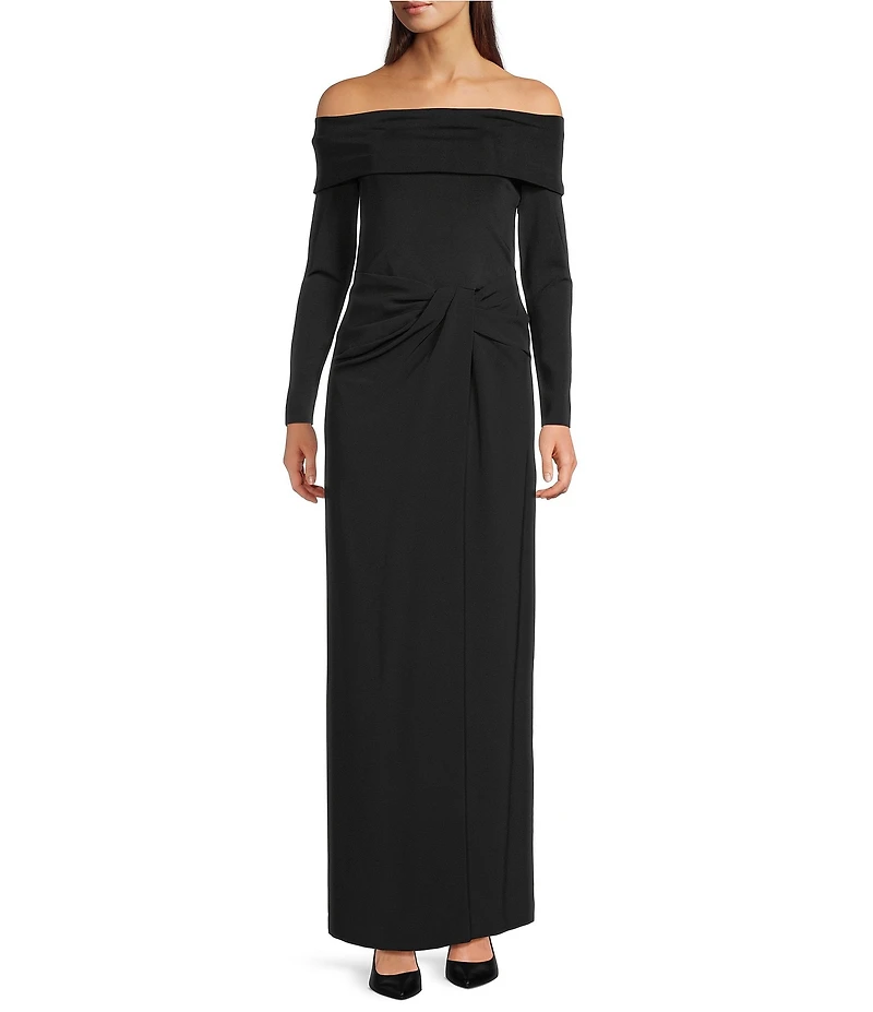 Lauren Ralph Lauren Rib Knit Crepe Fold Over Off The Shoulder Long Sleeve Column Dress