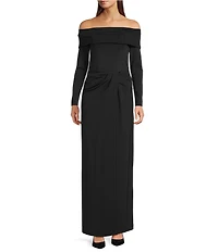 Lauren Ralph Lauren Rib Knit Crepe Fold Over Off The Shoulder Long Sleeve Column Dress