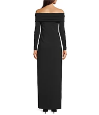 Lauren Ralph Lauren Rib Knit Crepe Fold Over Off The Shoulder Long Sleeve Column Dress