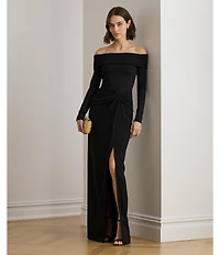 Lauren Ralph Lauren Rib Knit Crepe Fold Over Off The Shoulder Long Sleeve Column Dress
