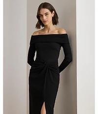 Lauren Ralph Lauren Rib Knit Crepe Fold Over Off The Shoulder Long Sleeve Column Dress