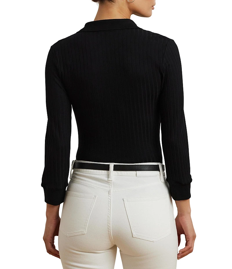 Lauren Ralph Lauren Rib-Knit Polo Collar 3/4 Sleeve Shirt