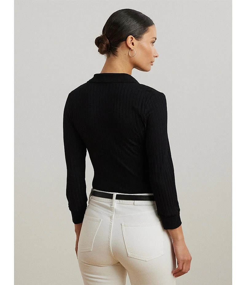 Lauren Ralph Lauren Rib-Knit Polo Collar 3/4 Sleeve Shirt