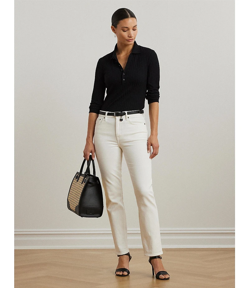 Lauren Ralph Lauren Rib-Knit Polo Collar 3/4 Sleeve Shirt