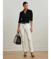 Lauren Ralph Lauren Rib-Knit Polo Collar 3/4 Sleeve Shirt