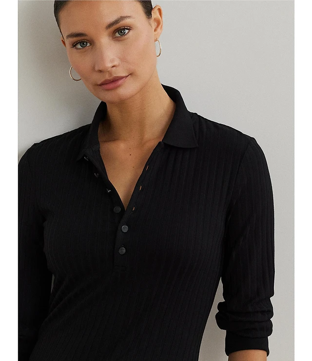 Lauren Ralph Lauren Rib-Knit Polo Collar 3/4 Sleeve Shirt at