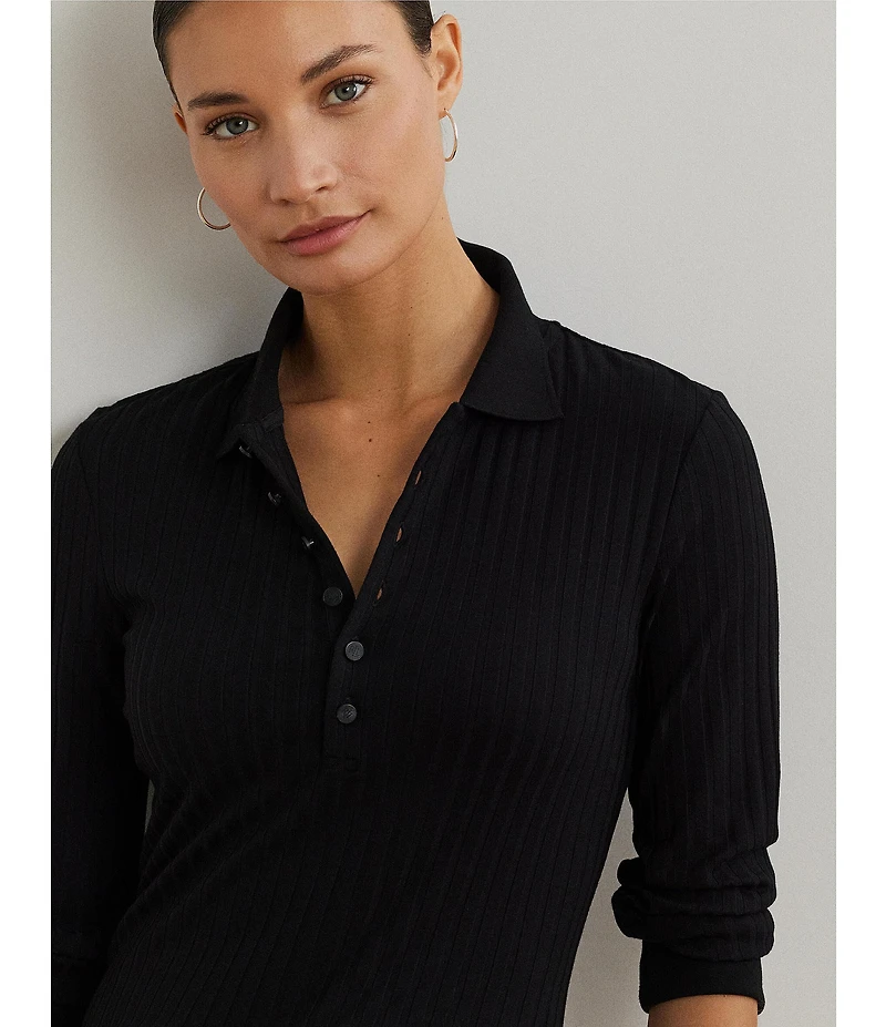 Lauren Ralph Lauren Rib-Knit Polo Collar 3/4 Sleeve Shirt