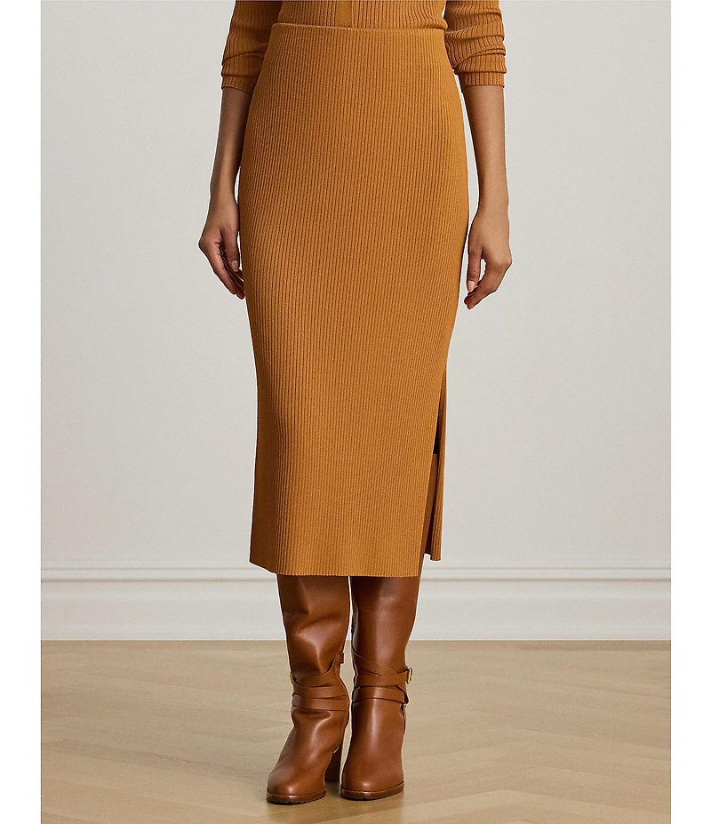 Lauren Ralph Lauren Rib-Knit Pull-On Side Slit Midi Coordinating Pencil Skirt