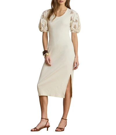Lauren Ralph Lauren Rib Knit Round Neck Short Sleeve Midi Length Sheath Dress