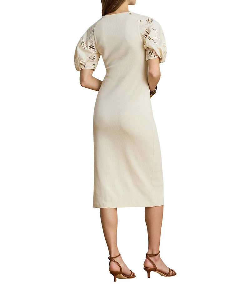 Lauren Ralph Lauren Rib Knit Round Neck Short Sleeve Midi Length Sheath Dress