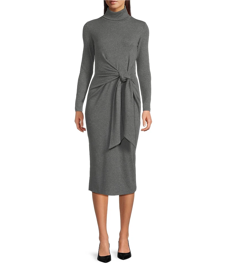 Lauren Ralph Lauren Rib Knit Turtleneck Long Sleeve Tie Front Midi Dress