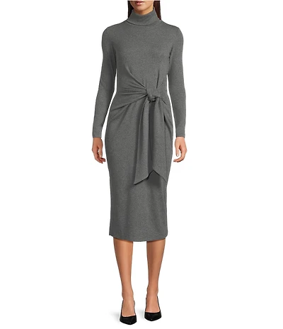 Lauren Ralph Lauren Rib Knit Turtleneck Long Sleeve Tie Front Midi Dress