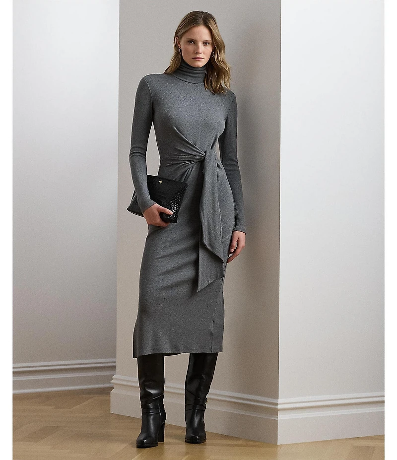 Lauren Ralph Lauren Rib Knit Turtleneck Long Sleeve Tie Front Midi Dress