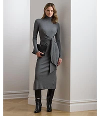Lauren Ralph Lauren Rib Knit Turtleneck Long Sleeve Tie Front Midi Dress