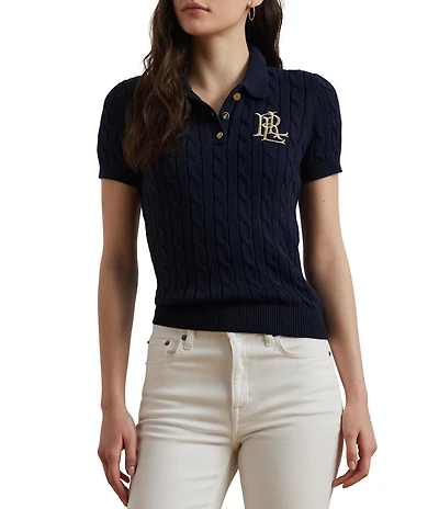 Lauren Ralph Lauren Ribbed Cable Knit Polo Collar Short Sleeve Shirt