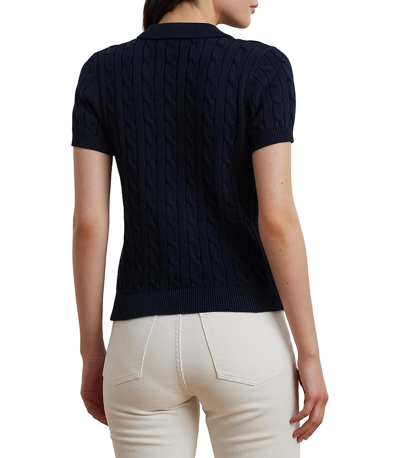 Lauren Ralph Lauren Ribbed Cable Knit Polo Collar Short Sleeve Shirt