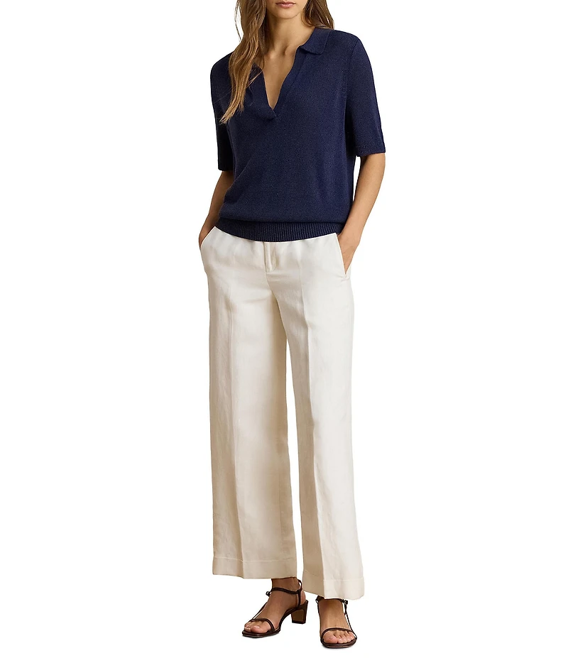 Lauren Ralph Lauren Ribbed Johnny Collar Short Sleeve Cotton Blend Polo Sweater