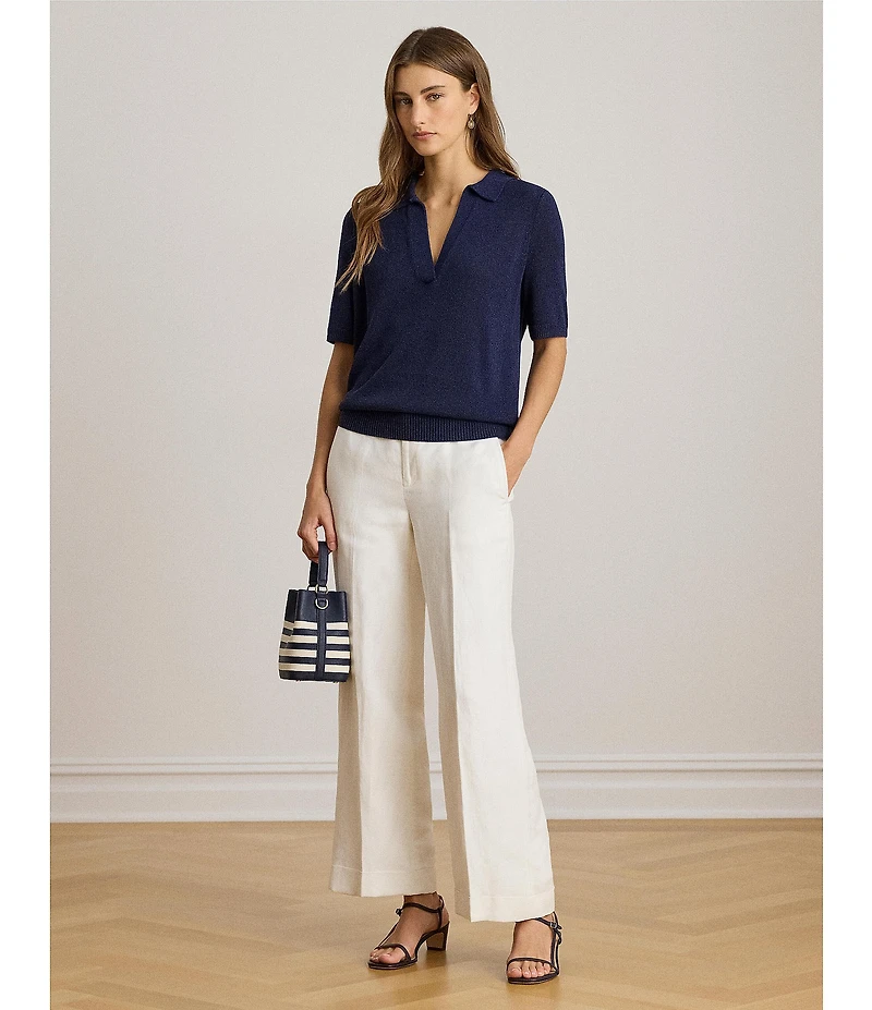 Lauren Ralph Lauren Ribbed Johnny Collar Short Sleeve Cotton Blend Polo Sweater