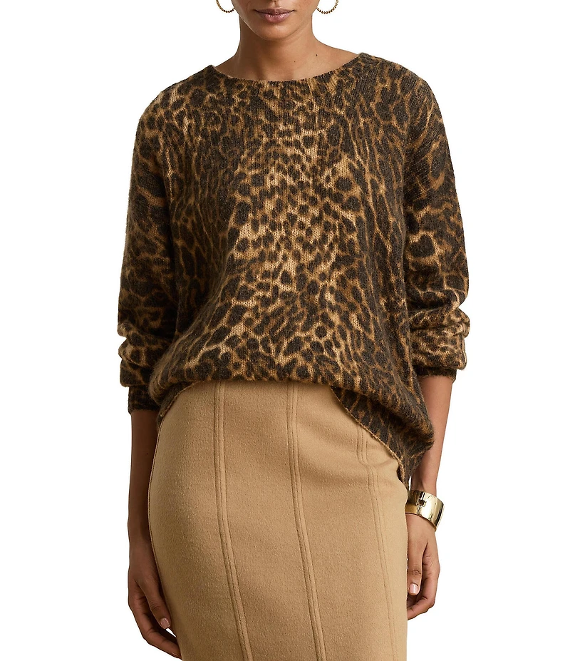Lauren Ralph Lauren Ribbed Knit Animal Print Crew Neck Long Sleeve Top