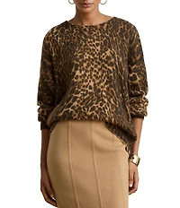 Lauren Ralph Lauren Ribbed Knit Animal Print Crew Neck Long Sleeve Top