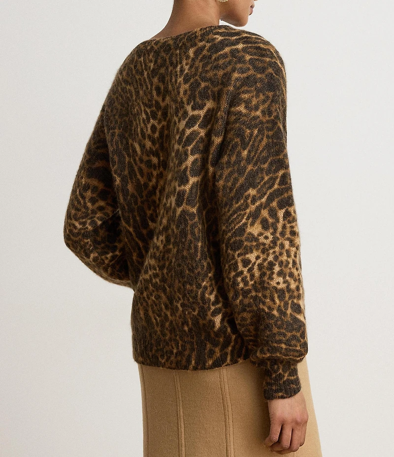 Lauren Ralph Lauren Ribbed Knit Animal Print Crew Neck Long Sleeve Top