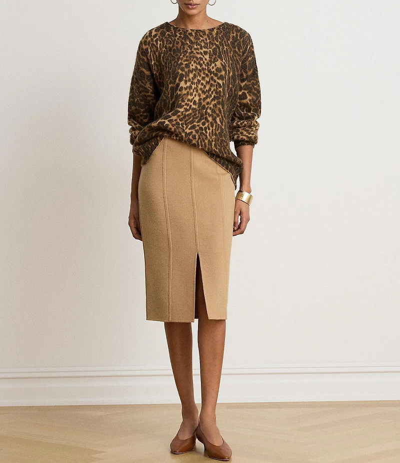 Lauren Ralph Lauren Ribbed Knit Animal Print Crew Neck Long Sleeve Top