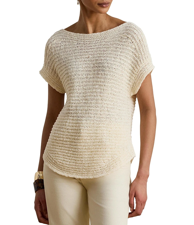 Lauren Ralph Lauren Ribbed Knit Boat Neck Short Sleeve Ribbon Tape Top