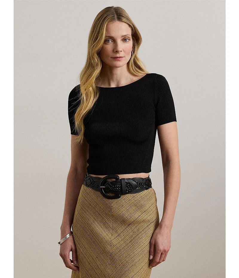 Lauren Ralph Lauren Ribbed Knit Boat Neck Short Sleeve Sweater Top
