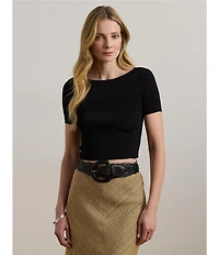 Lauren Ralph Lauren Ribbed Knit Boat Neck Short Sleeve Sweater Top