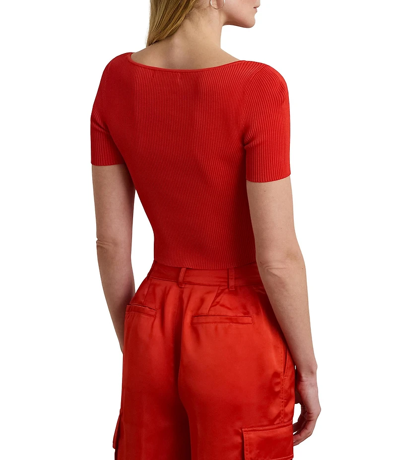 Lauren Ralph Lauren Ribbed Knit Boat Neck Short Sleeve Sweater Top
