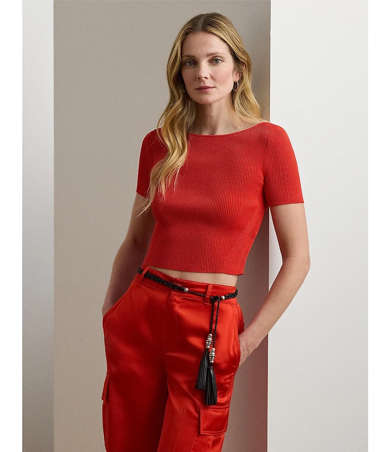 Lauren Ralph Lauren Ribbed Knit Boat Neck Short Sleeve Sweater Top