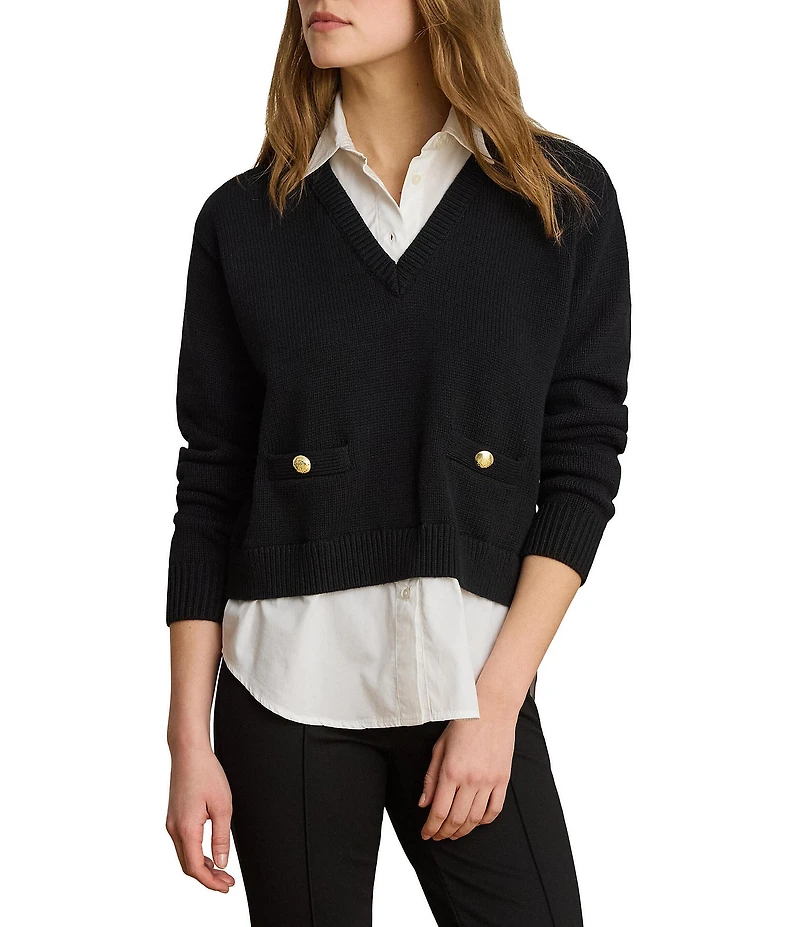 Lauren Ralph Lauren Ribbed Knit Combed Cotton V-Neck Long Sleeve Pullover Sweater