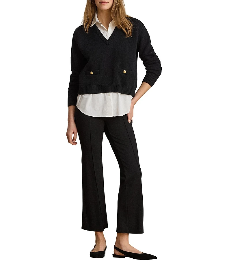 Lauren Ralph Lauren Ribbed Knit Combed Cotton V-Neck Long Sleeve Pullover Sweater