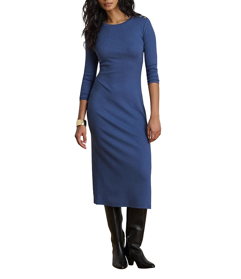 Lauren Ralph Lauren Ribbed Knit Crew Neck 3/4 Sleeve Midi Length Sheath Dress