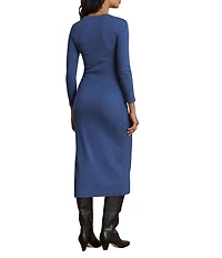 Lauren Ralph Lauren Ribbed Knit Crew Neck 3/4 Sleeve Midi Length Sheath Dress