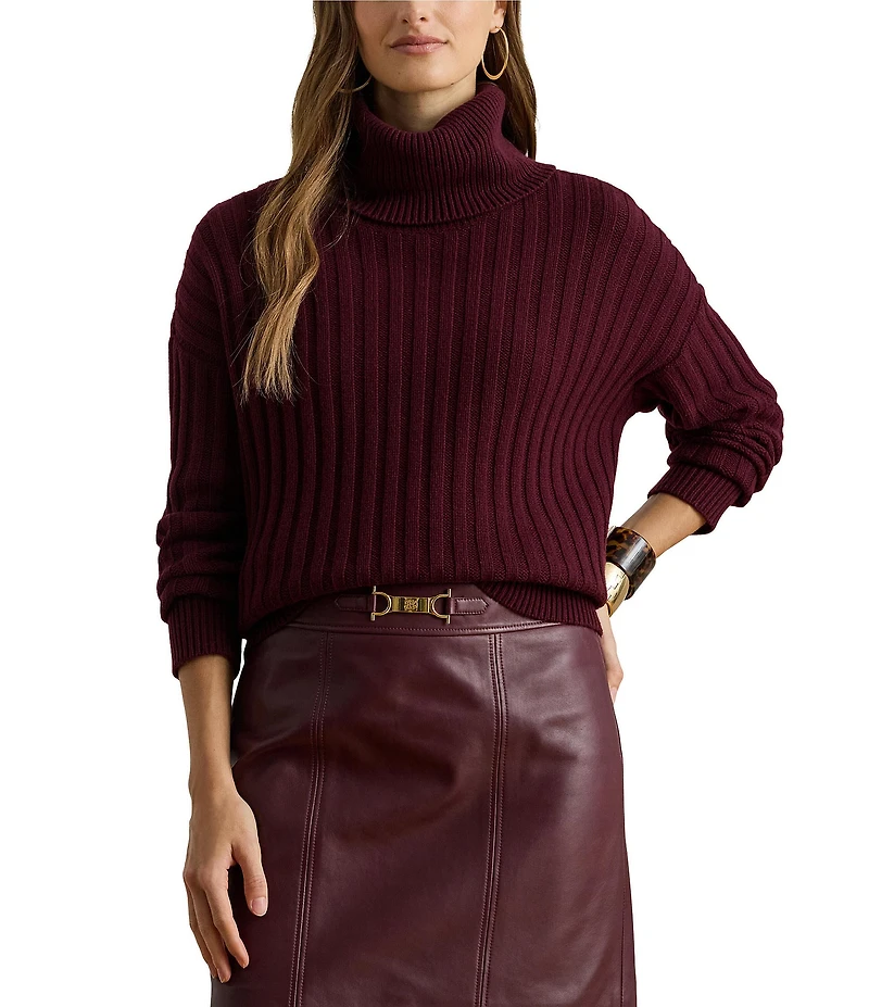 Lauren Ralph Lauren Ribbed Knit Fold-Over Turtleneck Long Sleeve Oversized Sweater