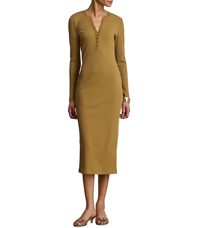 Lauren Ralph Lauren Ribbed Knit Henley Neck Long Sleeve Midi Sheath Dress