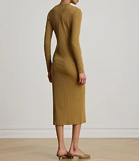 Lauren Ralph Lauren Ribbed Knit Henley Neck Long Sleeve Midi Sheath Dress