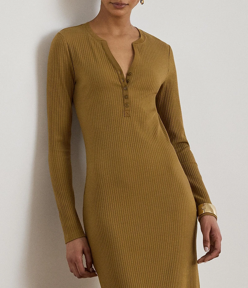 Lauren Ralph Lauren Ribbed Knit Henley Neck Long Sleeve Midi Sheath Dress