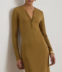 Lauren Ralph Lauren Ribbed Knit Henley Neck Long Sleeve Midi Sheath Dress