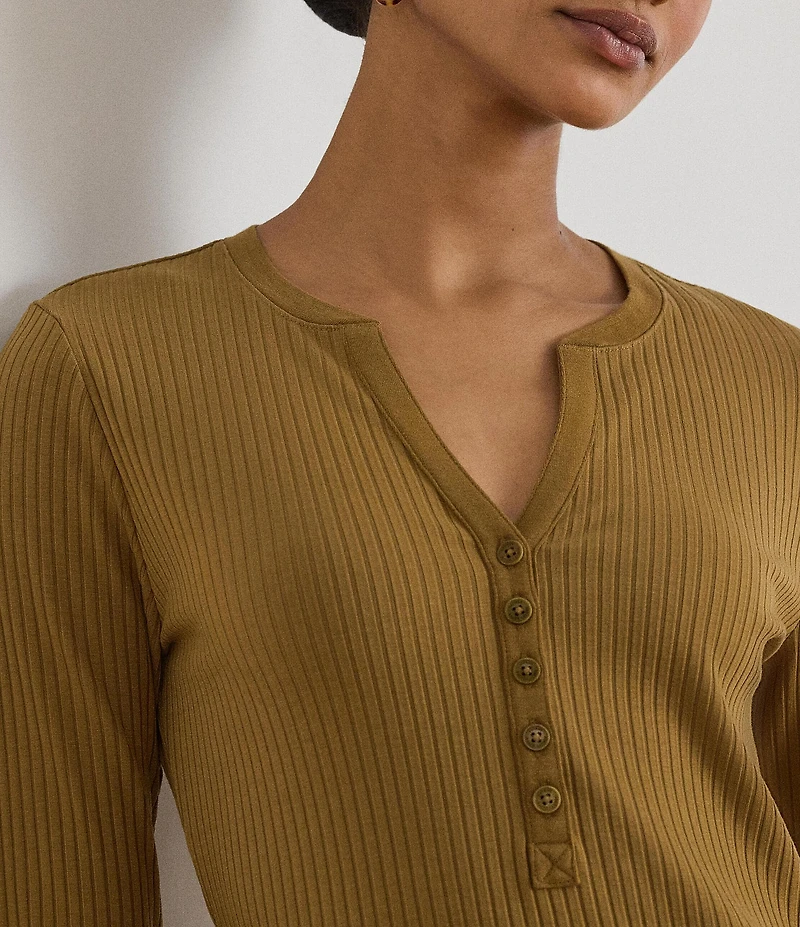 Lauren Ralph Lauren Ribbed Knit Henley Neck Long Sleeve Midi Sheath Dress