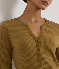 Lauren Ralph Lauren Ribbed Knit Henley Neck Long Sleeve Midi Sheath Dress
