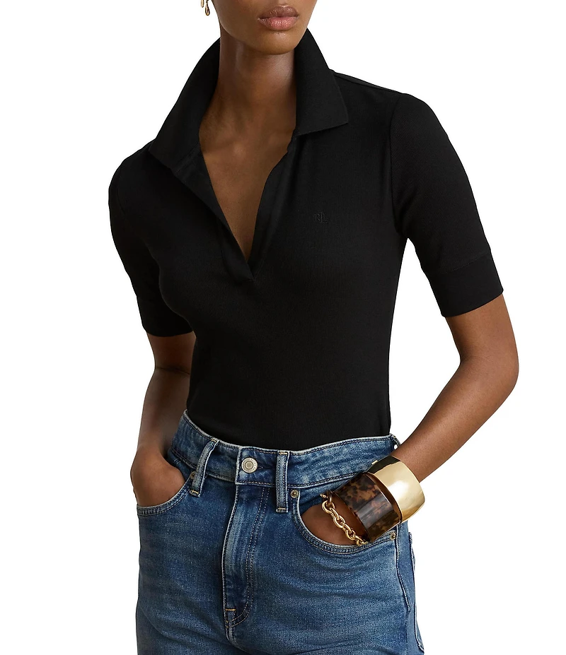 Lauren Ralph Lauren Ribbed Knit Jersey Johnny Collar 3/4 Sleeve Top