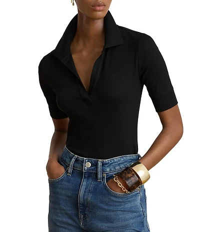 Lauren Ralph Lauren Ribbed Knit Jersey Johnny Collar 3/4 Sleeve Top